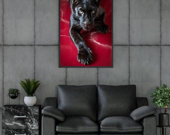 Póster de Pantera Negra con diseño de mármol rojo: arte digital de pared audaz, estampado animal de lujo para oficina, baño, sala de estar y decoración de vida silvestre.