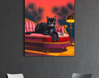 Póster de Gato Negro al Atardecer: Impresión de arte mural vintage, descarga digital llamativa, regalo para amantes de los gatos, decoración retro para sala de estar u oficina