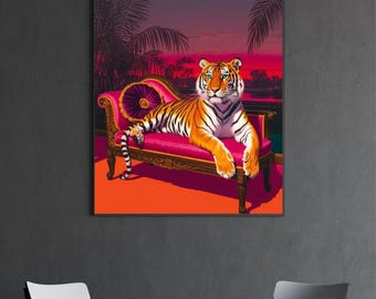 Póster vintage de tigre al atardecer: arte mural de gato de la jungla, impresión digital al óleo, decoración de tigre para sala de estar, oficina, idea de regalo