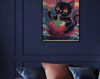 Póster de gato ramen: arte mural de gato negro kawaii, impresión de fideos japoneses, decoración de cocina de anime, arte digital adorable para amantes de la gastronomía.