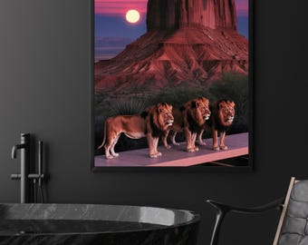 Póster "3 Leones al Atardecer en la Montaña": Arte Digital Majestuoso de la Vida Silvestre, Impresión Maximalista de la Naturaleza, Decoración de Safari para Sala de Estar, Dormitorio y Regalo