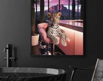 Póster de bar con estampado de leopardo: arte de animales exóticos de la selva, impresión digital, decoración de pared de lujo para sala de estar, oficina y dormitorio.