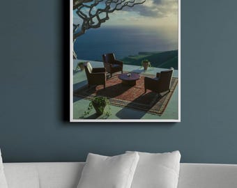 Póster estético Sky Lounge: impresión digital con vista al mar, arte mural de lujo, decoración costera, vista al balcón, arte mural para dormitorio y oficina.