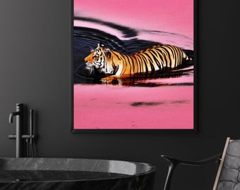 Póster de tigre rosa del océano: arte mural animal llamativo, impresión digital de lujo para sala de estar, dormitorio, oficina o regalo.