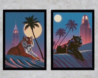 Set de pósteres retro de pantera y tigre: 2 impresiones de arte mural imprimibles, decoración digital de jungla para dormitorio, oficina, regalo, estética vintage