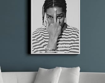 Retrato de ASAP Rocky: Impresión digital en blanco y negro, póster de rap de famosos, obra de hip hop para dormitorio, oficina y regalo.
