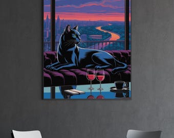 Póster de gato al atardecer: arte digital para pared, impresión de gato negro, decoración acogedora para habitación, arte con vista al atardecer, regalo para amantes de los gatos, descarga instantánea