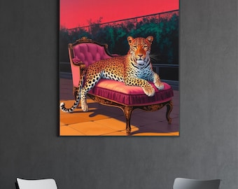 Arte mural de leopardo al atardecer: impresión digital estilo pintura al óleo vintage, decoración de animales de la jungla de safari, póster de leopardo para sala de estar y oficina
