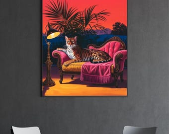 Póster de gato bengalí al atardecer: arte mural de gato exótico, impresión digital al óleo, decoración de lujo para mascotas, ideal para sala de estar, oficina o regalo.