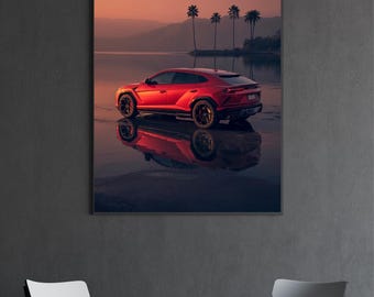 Póster Lamborghini Urus Atardecer: Arte mural de coches de lujo, descarga digital, decoración moderna para dormitorio, regalo para amantes de los coches, arte imprimible