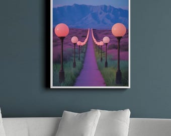 Sendero de montaña con lámparas: arte digital de paisaje surrealista, decoración de pared imprimible para dormitorio, sala de estar, oficina, póster de naturaleza de ensueño