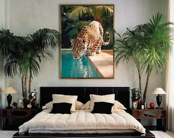 Juego de 3 pósteres de leopardo exótico para piscina: arte digital de pared de lujo, decoración maximalista de felino de la jungla para dormitorio, sala de estar y cocina. Descarga instantánea.
