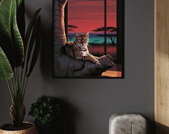 Póster de safari de gato bengalí: arte digital de la jungla al atardecer, decoración de pared de lujo maximalista, impresión de gato salvaje para sala de estar, dormitorio, regalo