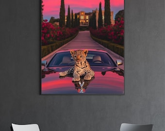 Póster de leopardo bebé de lujo: adorable impresión artística de animales para coche, descarga digital, decoración de pared glamurosa para sala de estar, oficina, habitación infantil y regalos.