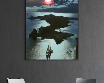 Póster de atardecer en el océano: arte mural de costa gris y velero, impresión digital para dormitorio, oficina, regalo, decoración costera de lujo imprimible