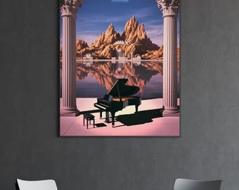 Póster de piano de fantasía: montañas surrealistas, columnas clásicas, arte digital dreamcore, impresión de pared vaporwave, decoración de habitaciones
