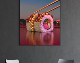 Póster de Sushi Diamond: Arte mural digital de lujo para cocina, restaurante, comedor, decoración japonesa, arte culinario imprimible