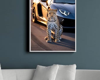Póster de coche Lamborghini con leopardo: impresión digital de lujo, arte mural exótico, decoración moderna para dormitorio, oficina, regalo, arte imprimible