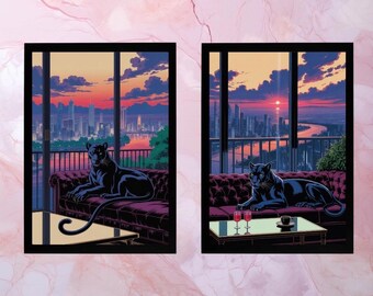 Póster "Pantera al atardecer": arte mural de estética retro, impresión digital con vista a la ciudad, decoración urbana para sala de estar, regalo ideal.