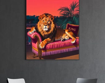 Póster León al Atardecer - Arte mural del Rey de la Selva, Impresión digital exótica, Decoración atrevida para sala de estar, Ambiente selvático, Descarga instantánea