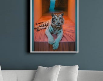 Póster Oasis del Tigre de Nieve: Arte digital surrealista de lujo para pared, estampado animal con cascada para pasillo, decoración moderna de jungla, obra de arte para oficina o dormitorio.