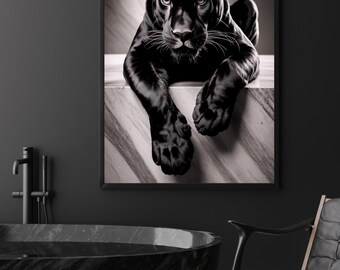 Póster de Pantera Negra en mármol: elegante arte digital para pared, estampado animal minimalista y lujoso, decoración de oficina, arte moderno para baños, obra de arte de gato audaz.
