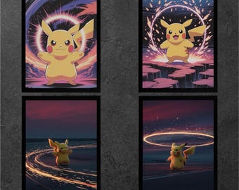 Juego de 4 pósteres de Pikachu Pokémon: adorable arte digital de pared para habitación infantil, guardería, dormitorio, regalo de anime, decoración imprimible