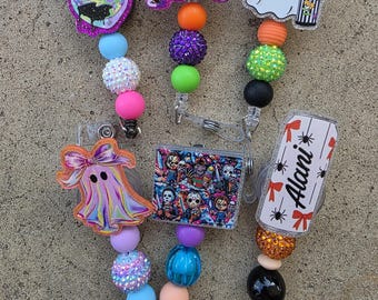 Halloween Badge Reel; Teacher, Nurse, Beaded Badges