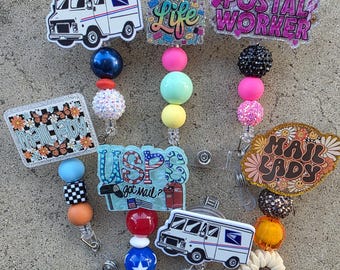 Beaded Postal Worker Badge Reel, Mail Carrier ID Holder