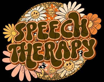 Può includere: Grafica in stile retrò con le parole "SPEECH THERAPY" in marrone, bordate di arancione. Il design presenta margherite, soli sorridenti e un motivo leopardato su sfondo nero. Il testo è in grassetto e arrotondato.