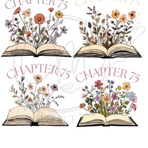 Puede incluir: Cuatro ilustraciones de libros abiertos con flores coloridas y el texto "CHAPTER 75" en una fuente suave. Las flores incluyen flores naranjas, amarillas, rosas y moradas, con hojas verdes. Los libros son de color beige con lomos negros.