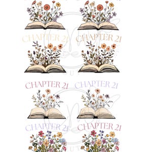 May include: Four illustrations of open books with colorful flowers growing out of them. Each book has the text "CHAPTER 21" printed on the cover.