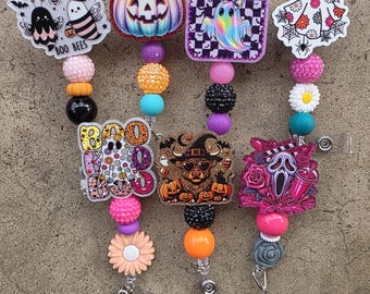 Halloween Badge Reel; Teacher, Nurse, Beaded Badges