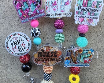 Beaded Nurse Practitioner Badge Reel: Alligator Clip ID Holder, NP Badge