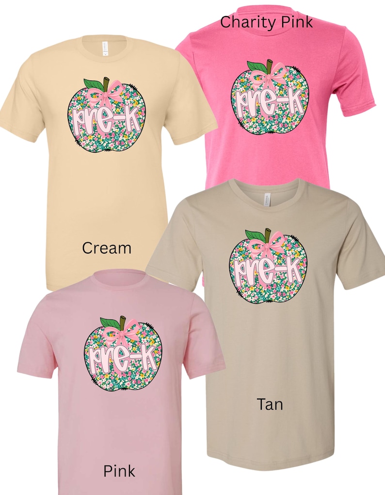 May include: Four short-sleeved t-shirts in cream, charity pink, pink, and tan. Each shirt features a floral apple design with the text "pre-k" in pink. The shirts are suitable for preschool.