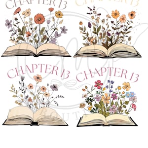 May include: Four illustrations of open books with colorful flowers and the text "CHAPTER 13" in a light font. The flowers include orange, yellow, pink, and purple blooms, with green leaves.