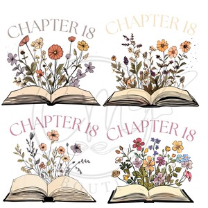 Puede incluir: Cuatro ilustraciones de libros abiertos con arreglos florales que brotan de las páginas. Cada libro tiene el texto "CHAPTER 18" encima en diferentes colores. Las flores son en tonos naranja, amarillo, morado y rosa.