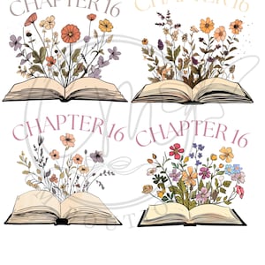 May include: Four illustrations of open books with floral arrangements bursting from the pages. Each book has the text "CHAPTER 16" above it in different colors. The flowers are in shades of orange, yellow, pink, purple, and blue.