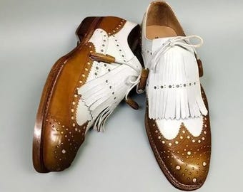 Men&#39;s Two Tone Wing Tip Brogue Lace Up Fringes Round Toe Dress Leather Shoes