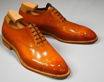 Handmade Orange Tan Leather Goodyear Welted Lace Up Oxford Dress Shoes