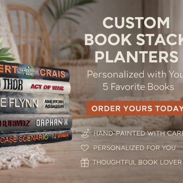 Custom Book Stack Planter – Personalized 5 Favorite Books | Hand-Painted Literary Decor | Book Lover Gift | Custom Reader Planter