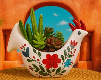 Handbemalter Übertopf für Hühner | Volkskunst Huhn Sukkulenten Topf | Südwestliches Santa Fe Dekor | Boho Pflanztopf für Küchenkräuter | Einzigartiges Geschenk