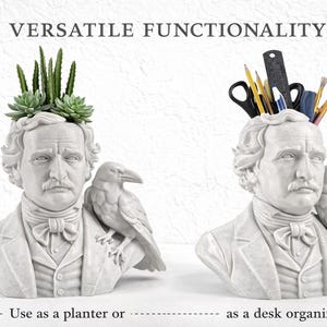 May include: Two white bust planters, one with succulents and the other with office supplies. Each bust features a man with a crow on his shoulder. The text reads "VERSATILE FUNCTIONALITY" and "Use as a planter or as a desk organizer."