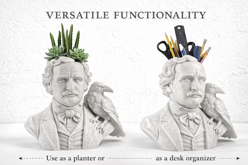 May include: Two white bust planters, one with succulents and the other with office supplies. Each bust features a man with a crow on his shoulder. The text reads "VERSATILE FUNCTIONALITY" and "Use as a planter or as a desk organizer."
