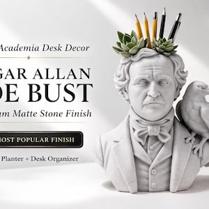May include: A stone bust of Edgar Allan Poe, featuring a raven and a 2-in-1 planter/desk organiser. The bust has pencils and succulents in the head. The image includes the text "Dark Academia Desk Decor" and "Edgar Allan Poe Bust".