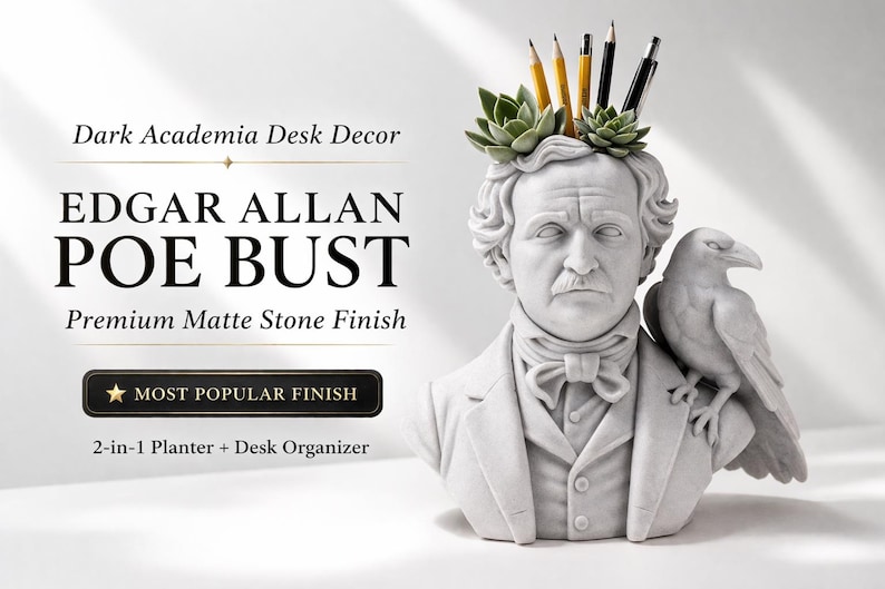 May include: A stone bust of Edgar Allan Poe, featuring a raven and a 2-in-1 planter/desk organiser. The bust has pencils and succulents in the head. The image includes the text "Dark Academia Desk Decor" and "Edgar Allan Poe Bust".