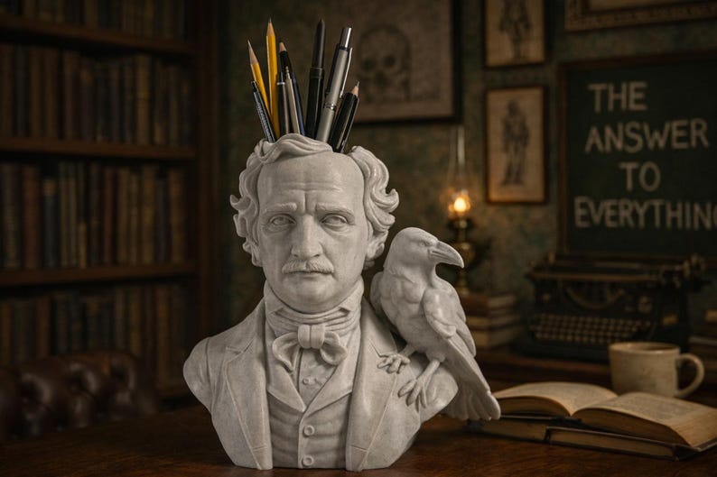 May include: A white bust of a man with a raven on his shoulder, holding pens and pencils. The bust is on a wooden desk with books and a chalkboard that reads "THE ANSWER TO EVERYTHING".