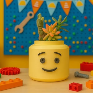 Pode incluir: Um vaso amarelo em forma de cabeça de Lego, com um rosto sorridente, contém suculentas e um cacto. Blocos e engrenagens Lego coloridos circundam o vaso. Um quadro azul com uma chave e elementos decorativos no fundo.