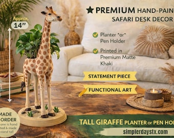 Großer Giraffen-Blumentopf | Handbemalte Safari Schreibtisch Dekor | 14-Zoll-Statement-Organizer | Künstler Geschenk | Tier Dekor