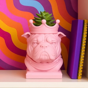 Bulldog Planter with Crown – Royal Dog Succulent Pot – 3D Printed French Bulldog Planter – Dog Lover Gift – Animal Planter Decor